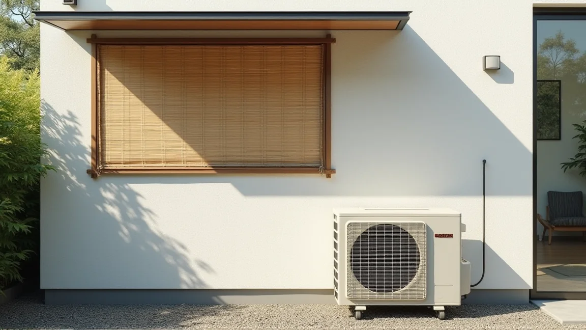 屋外に設置されたエアコンの室外機とすだれによる日除け