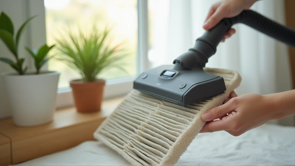 フィルターを外して掃除機でホコリを吸い取るエアコンの手入れ