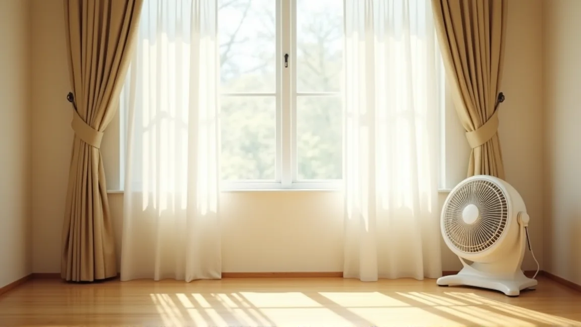 窓辺の遮光カーテンとサーキュレーターのある涼しげな部屋