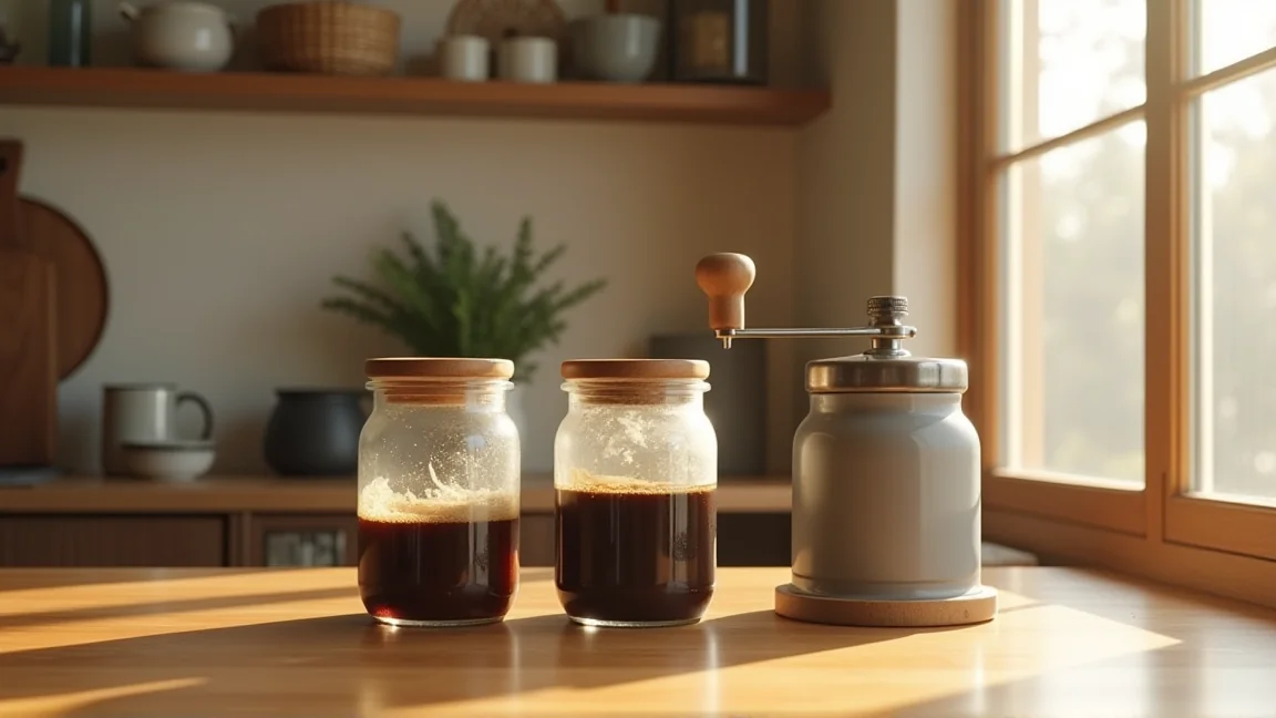 テーブルに並ぶコーヒー豆の保存容器とドリップ準備の道具