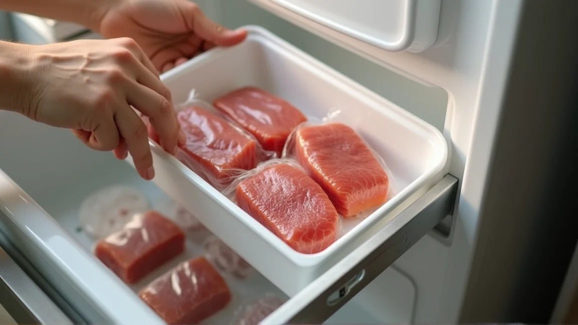 チルド室に小分けした肉と魚を収納する手元