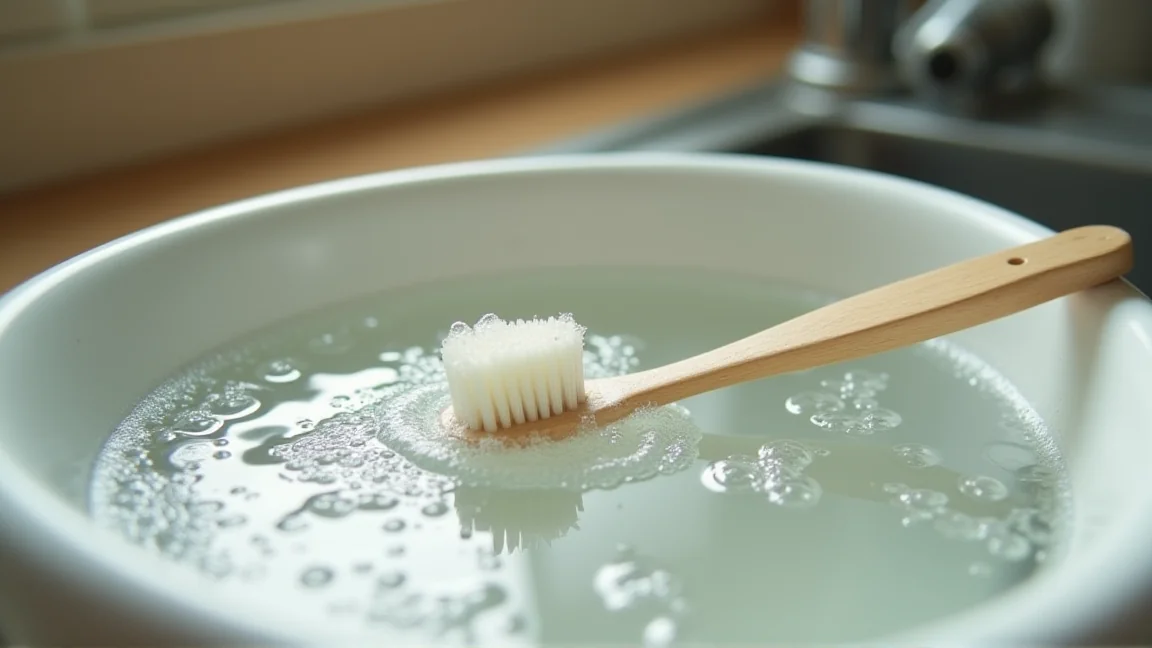 桶でつけ置きされている水切りかごと古歯ブラシ