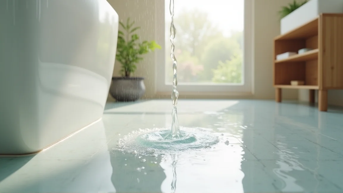 冷水シャワーをかけて温度を下げた直後の濡れた浴室の床