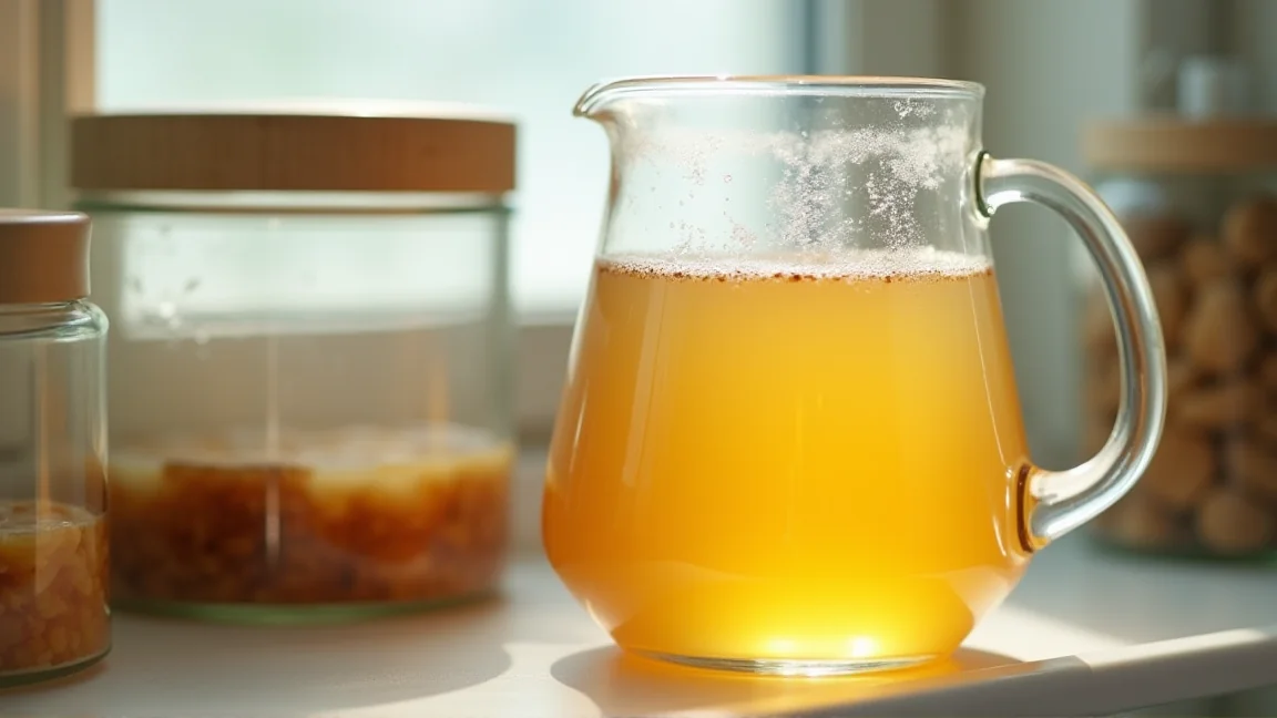 冷蔵庫の中で麦茶のピッチャーが冷やされている様子