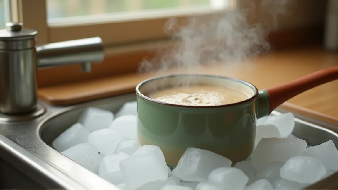 煮出した麦茶を氷水で急冷している鍋