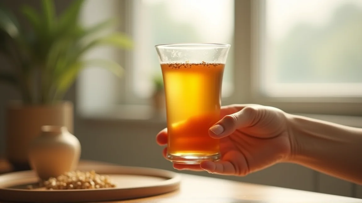 コップに注いだ麦茶の色や濁りを確認している手元