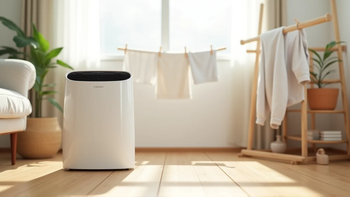 リビングに置かれた除湿機と室内干しの洗濯物
