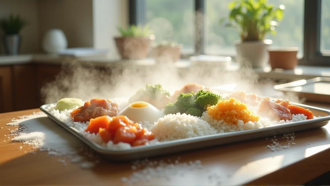 バットに広げたご飯とおかずを保冷剤の上で冷ましている様子