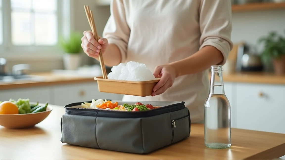 保冷剤と保冷バッグにお弁当をしまう様子
