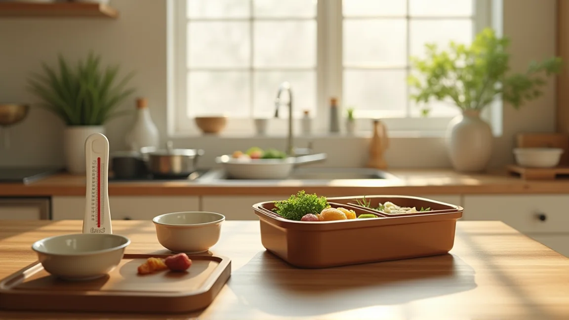 朝のキッチンでお弁当箱とおかずを準備している様子