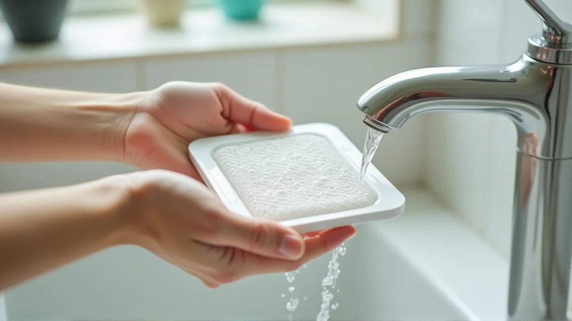 エアコンのフィルターをシャワーで水洗いしている手元