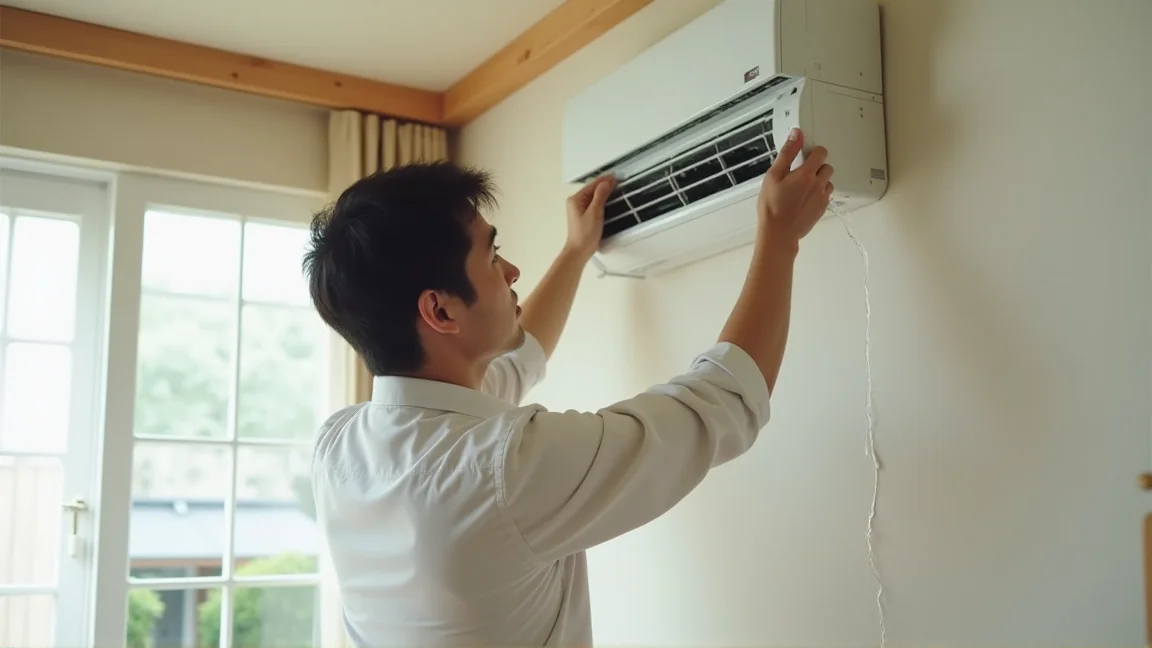 プロの作業員がエアコン内部を養生して洗浄している様子