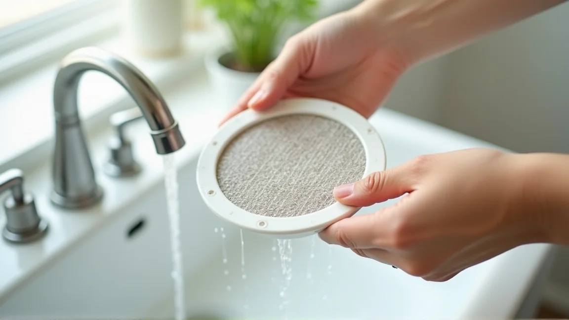 エアコンのフィルターを取り外して水洗いする手元