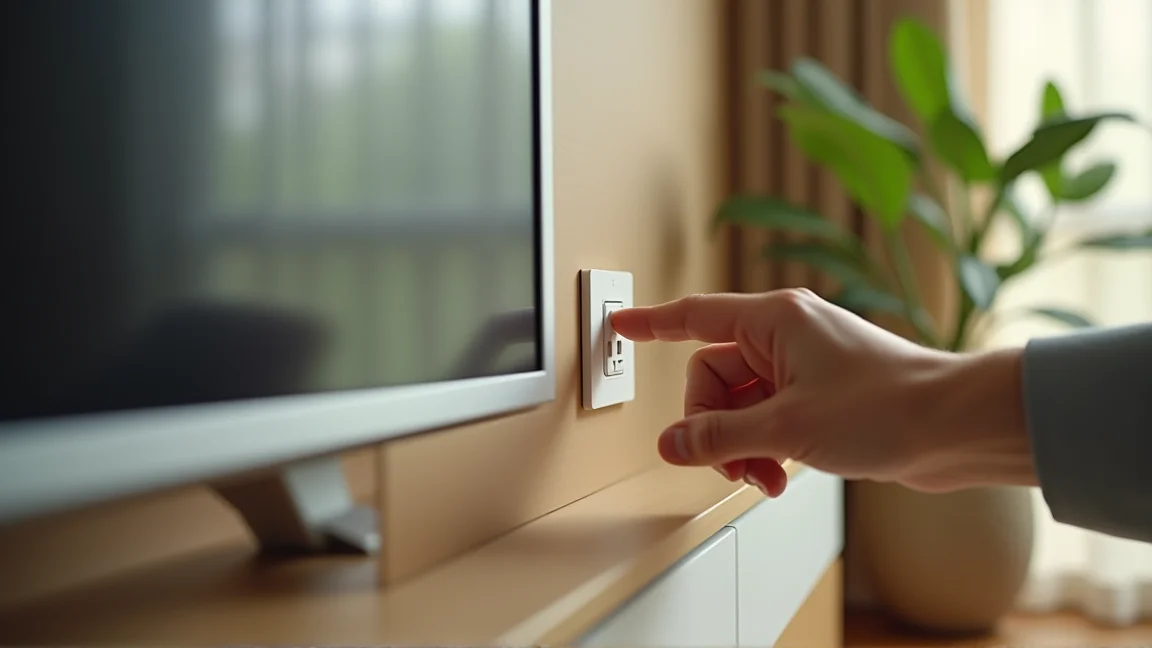 スイッチ付き電源タップのスイッチを切る手元