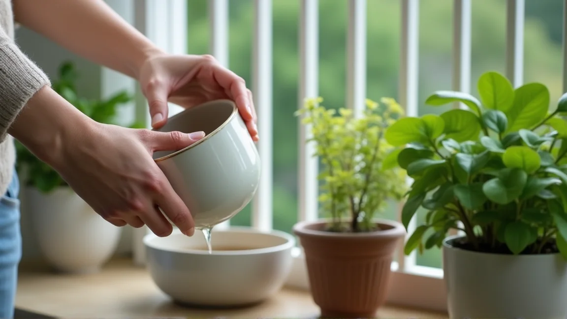 ベランダの植木鉢の受け皿にたまった水を確認している様子