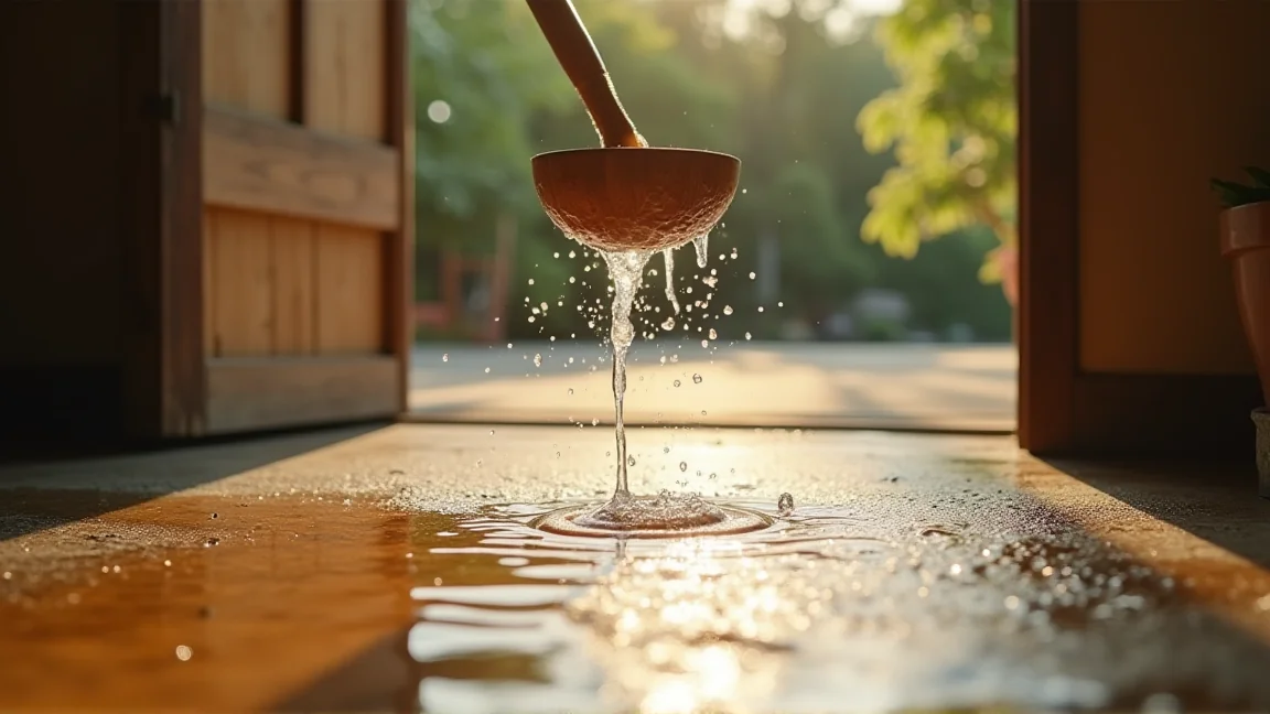 夏の玄関先で柄杓から水がコンクリートにまかれる様子