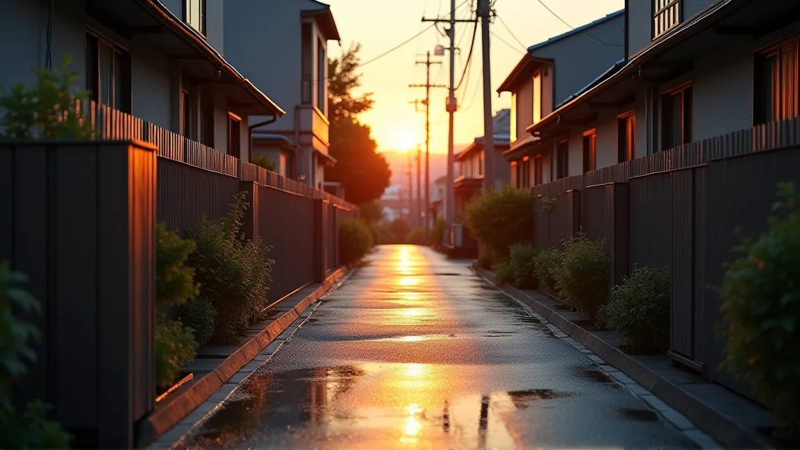 夕方の住宅街の路地に水がまかれて路面が濡れている様子
