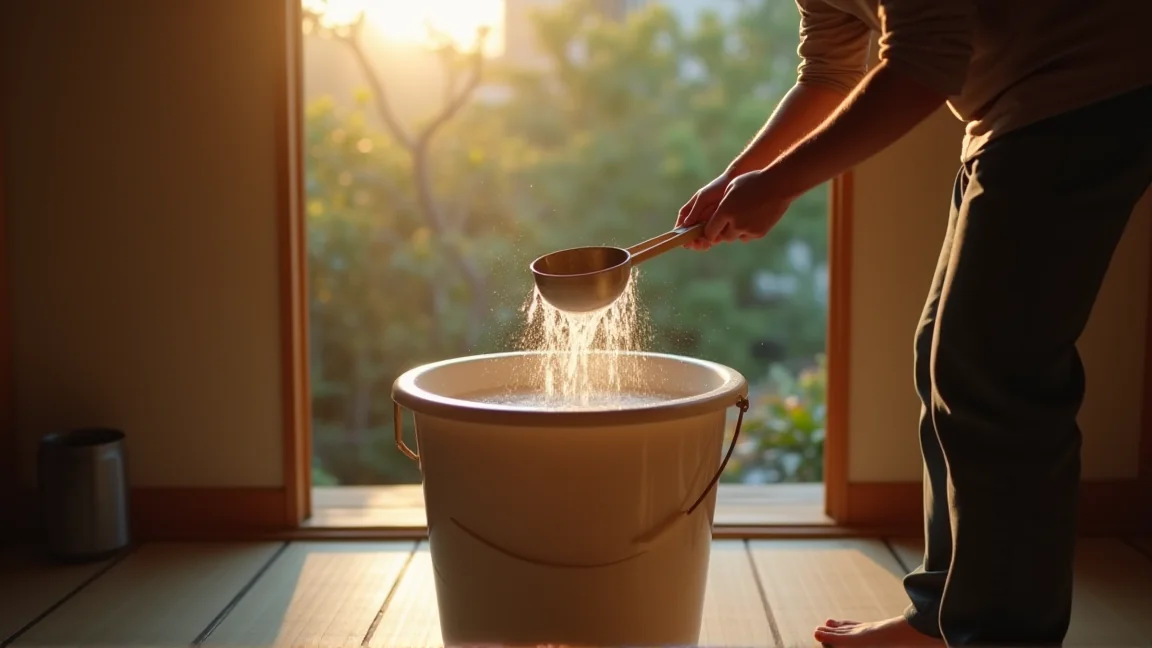 玄関先で残り湯を柄杓ですくって打ち水を始める手元
