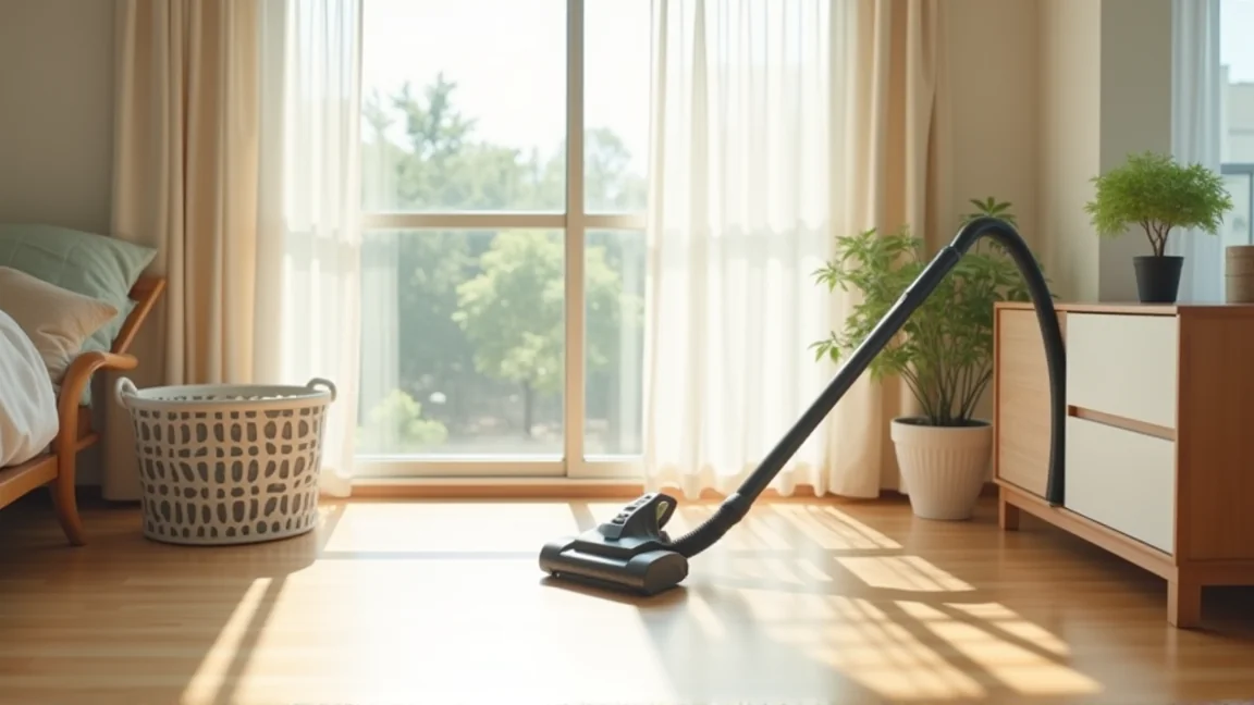 夏の整理された部屋で掃除道具を手に取る場面