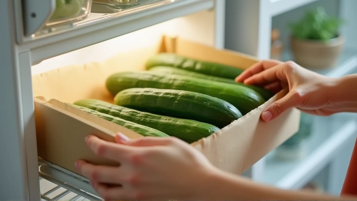 野菜室を開けてキッチンペーパーで包んだきゅうりの状態を確認している手元