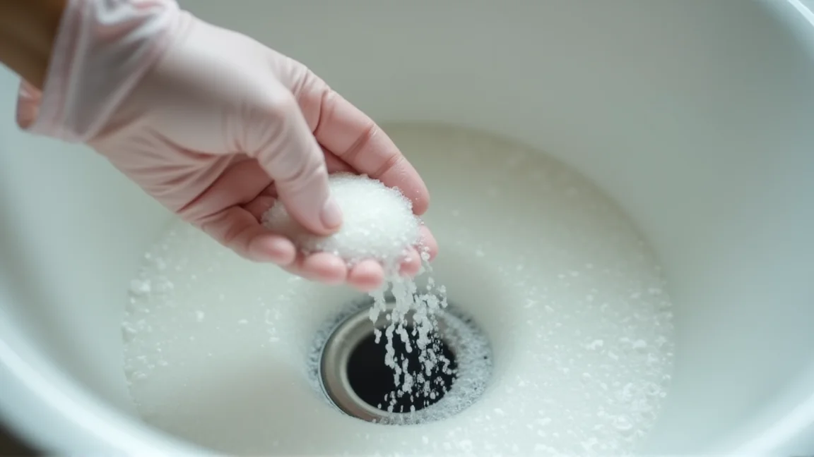 排水口のパーツに重曹をふりかけ泡立っている手元