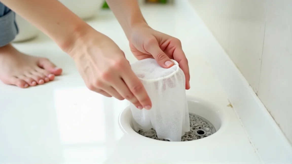 排水口にかぶせるヘアキャッチャー用ネットを設置している様子