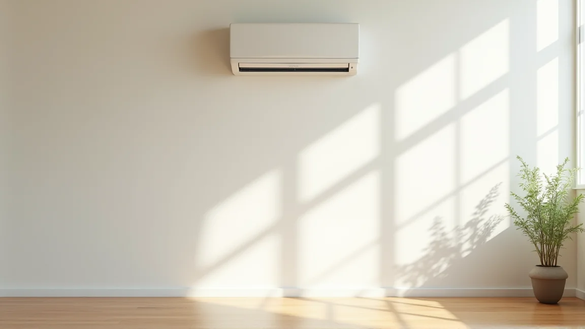 きれいに掃除されたエアコン室内機と乾いた床のある明るいリビング