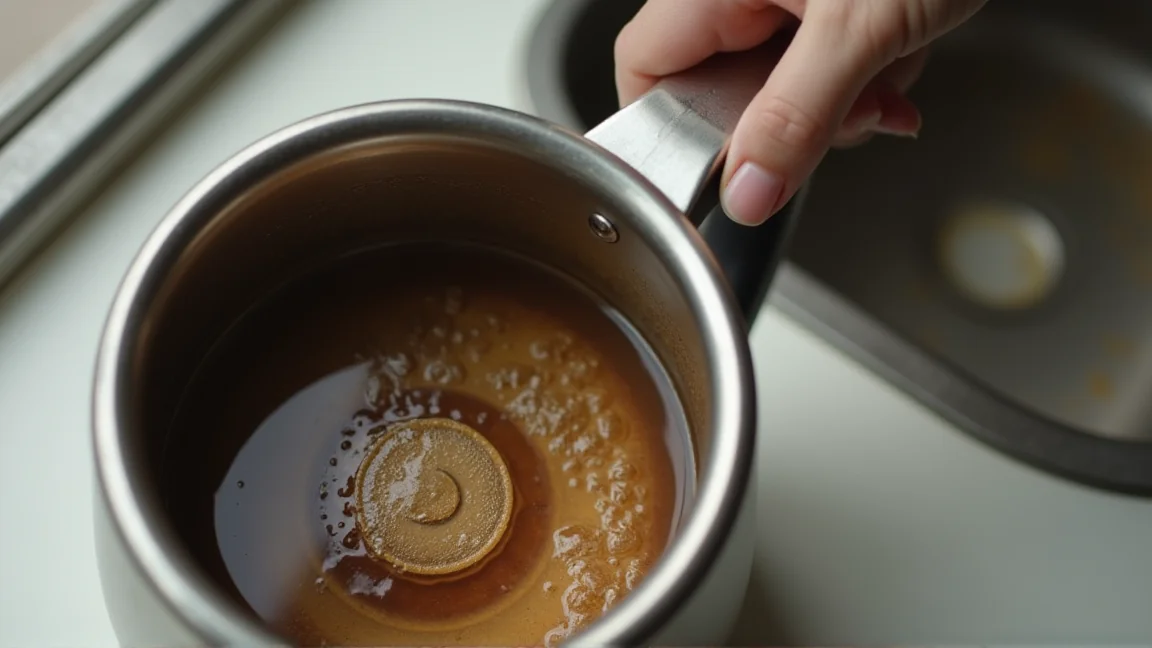 やかんの内側にこびりついた茶色い茶渋の様子