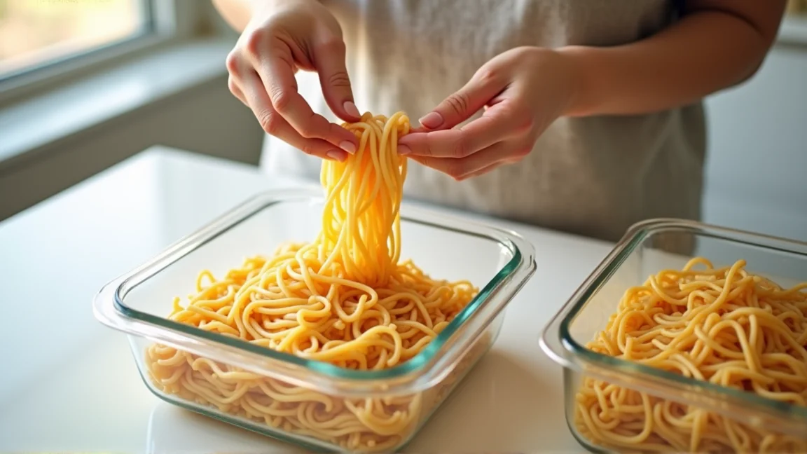 ゆでたそうめんを保存容器に小分けする様子