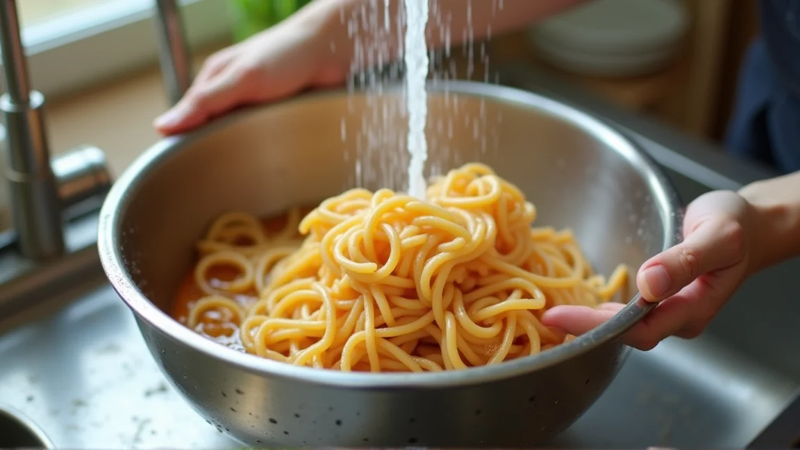 そうめんを流水でほぐしている手元