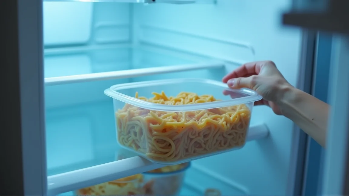 冷蔵庫に小分けしたそうめんを入れる様子