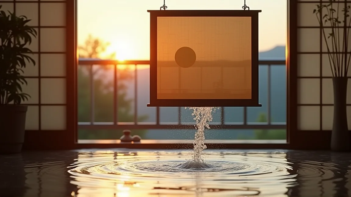 夕方のベランダで床に打ち水をしてすだれと組み合わせている様子