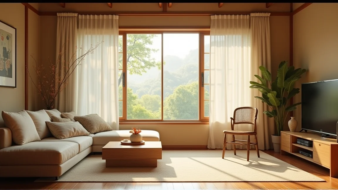 すだれをかけた窓辺で涼しげに過ごす夏の室内の様子
