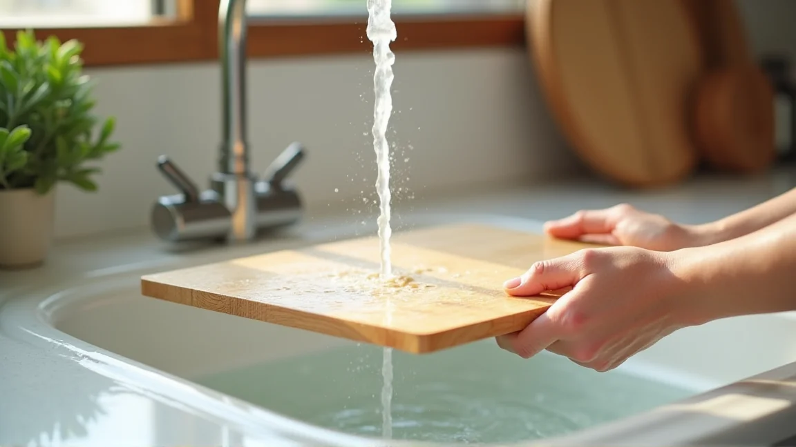漂白後のまな板を流水でしっかりすすいでいる様子