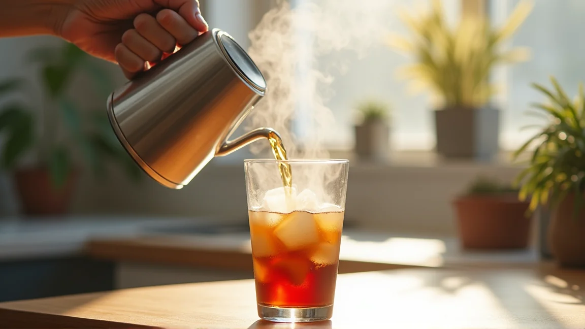 氷の上に濃いコーヒーを注ぐ急冷式の様子