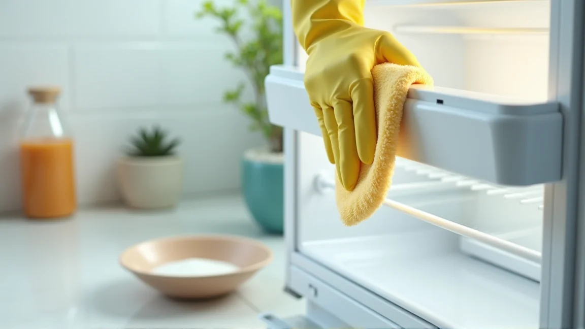 重曹水を含ませた布で庫内を拭く手元