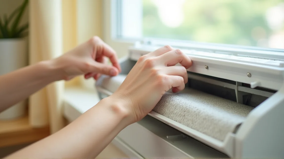 エアコンのフィルターを外して掃除する手元
