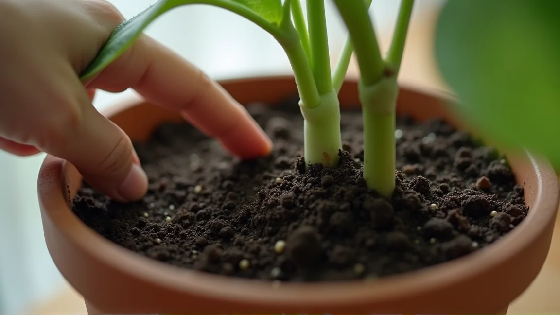 観葉植物の鉢の土に指を差し込んで乾き具合を確かめている様子