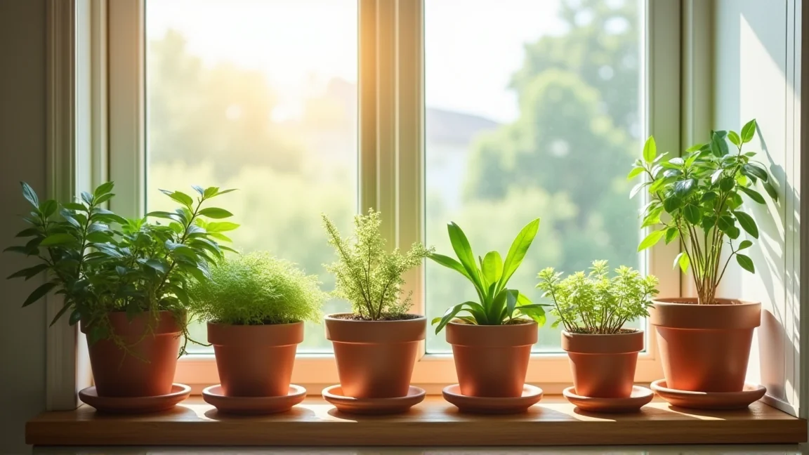 朝の柔らかい光が差し込む窓辺に並んだ複数の観葉植物の鉢