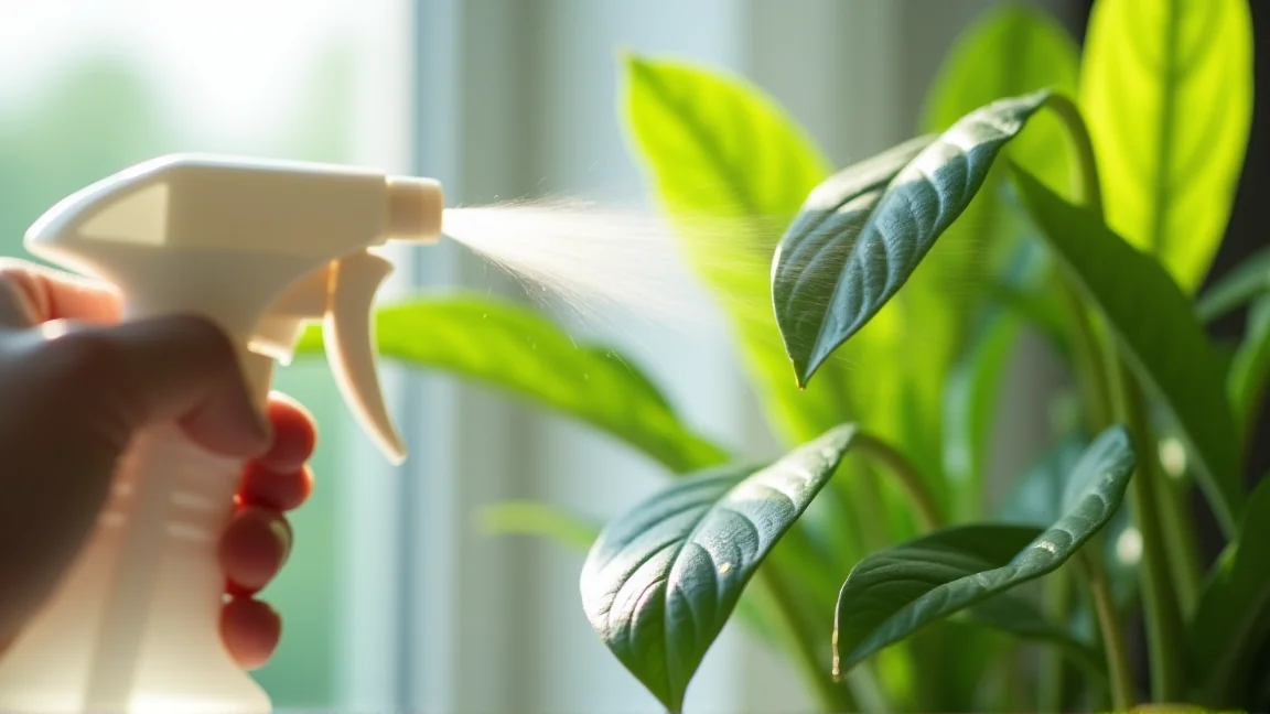 観葉植物の葉に霧吹きで葉水をしている手元のクローズアップ