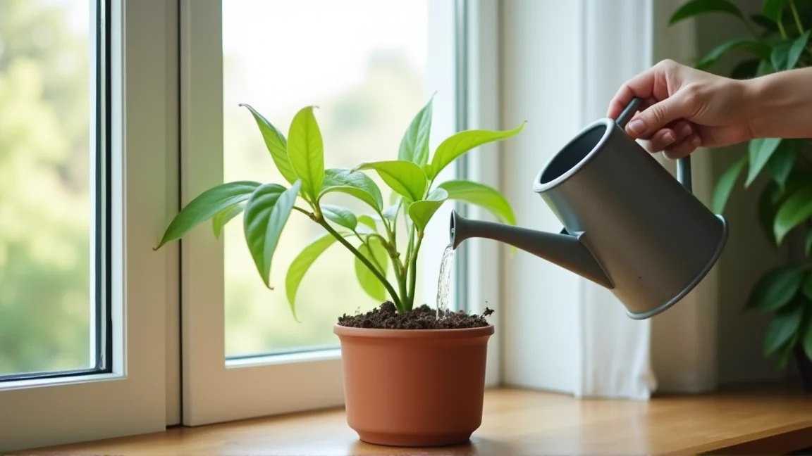 室内の窓辺で観葉植物の鉢にじょうろで水を与えている手元