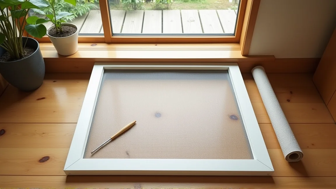 外した網戸を床に置いて張り替え作業を始める様子