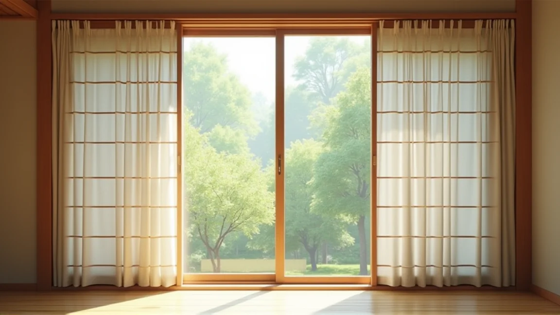 張り替えが終わってきれいになった網戸越しに見える庭