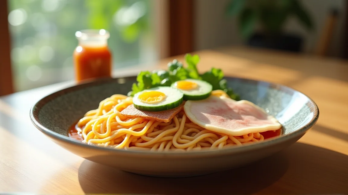 食卓に並んだ冷やし中華と手作りのたれ