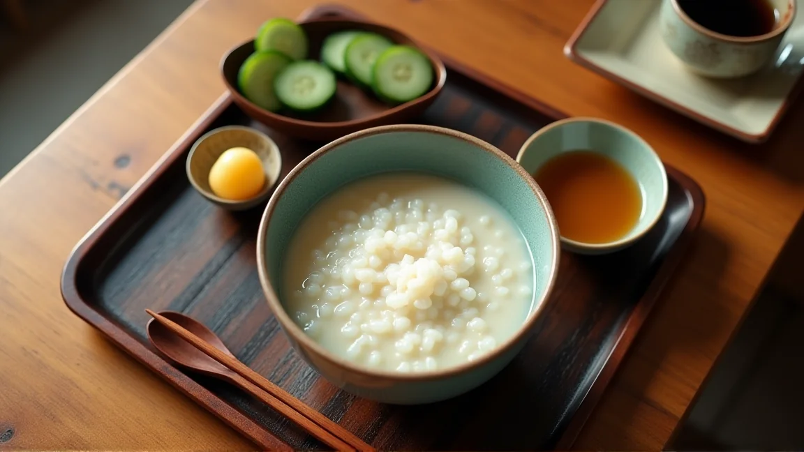 食卓に並んだおかゆ・梅干し・みそ汁などのさっぱりした和食