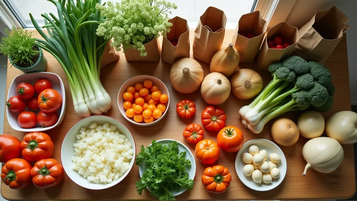 木のテーブルに種類ごとに並べた夏野菜と保存袋