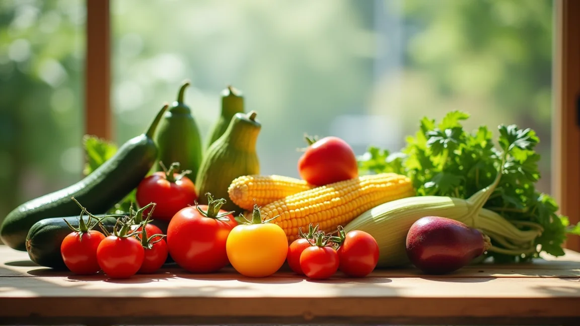 テーブルに並んだ色とりどりの夏野菜