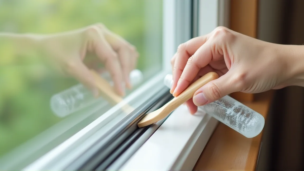 ペットボトルとブラシでサッシの溝を掃除している手元