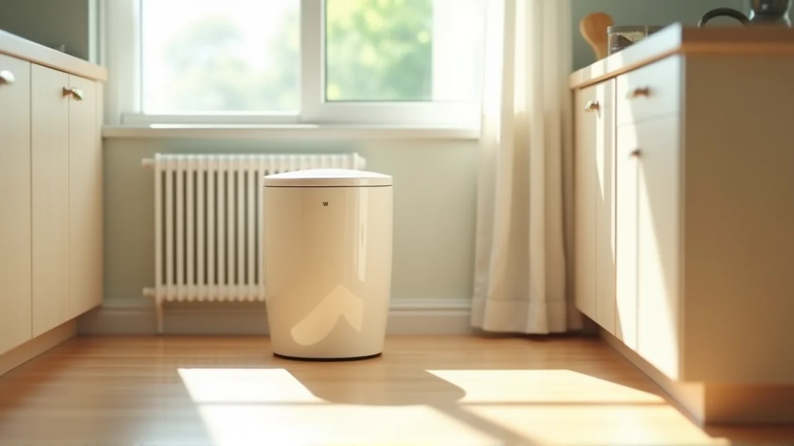 夏のキッチンに置かれたフタ付きゴミ箱