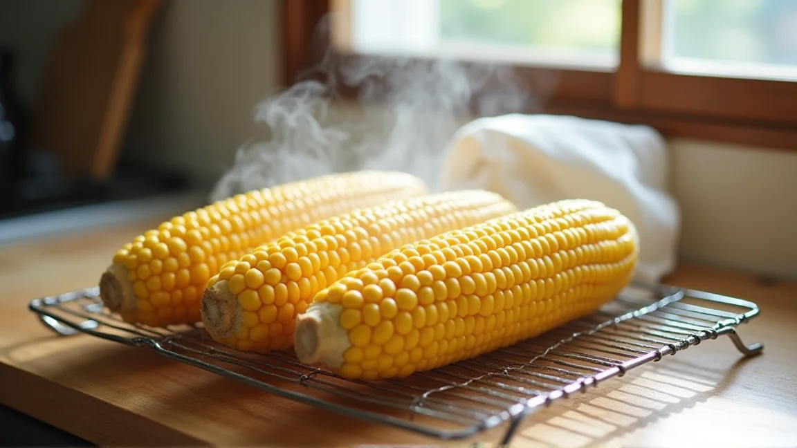 ゆで上がったとうもろこしの粗熱を取る様子